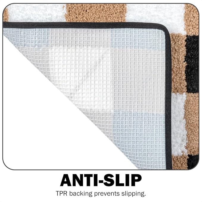 Checkered Bath Mat - Super Absorbent, Soft and Thick, Rubber Backing Non-Slip, Machine Washable Shower Rug, Bath Mat, Bathroom Home Decor Accessories, 16"x24" (40x60cm), Brown