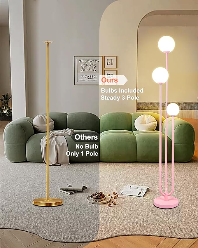 Lightdot 63IN Pink Floor Lamp Mid Century Modern Floor Lamp with 3 Globe 3000K Bulbs Included, 3 Lights U-Style Standing Lamp for Wedding Party/Living Room/Bedroom/Sofa Beside/Corner Decor