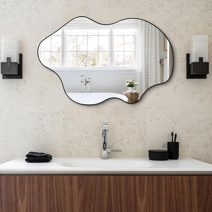 Irregular Wall Mirror, 31.5"x23.6" Asymmetrical Frameless Mirrors, Organic Shaped Mirrors for Bathroom Bedroom Hallway Entryway Living Room, Horizontal or Vertical Hanging