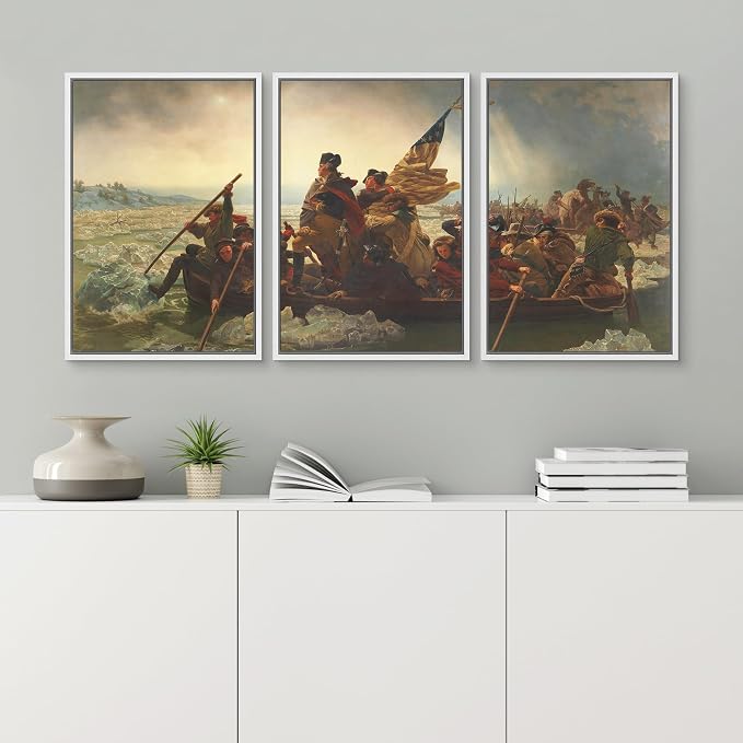 wall26 Framed Canvas Print Wall Art Set Washington Crossing The Delaware by Emanuel Leutze Cultural Historic Oil Painting Fine Art Reproduction for Living Room, Bedroom, Office - 24"x36"x3 White