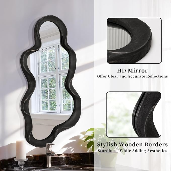 Large Asymmetrical Mirror Irregular Modern Cloud Wall Mirror Wood Frame Unique Artistic Wavy Mirror Wall Mounted Vanity Mirror Decorative for Living Room Bedroom Bathroom Entryway Hallway 30"x14"