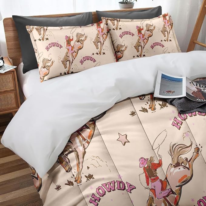 Cowgirl Cowboy Queen Comforter Set, Desert Western Cactus Bedding Set 3 Piece, All Season Soft Toddlers Children Adults Bedroom Bed Decoration Comforter and 2 Pillow Shams