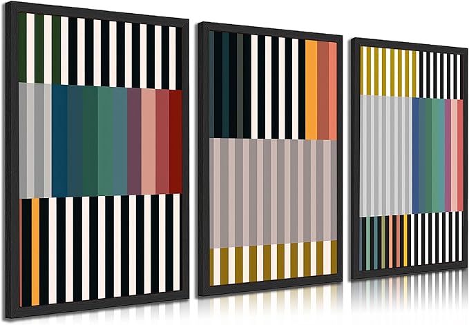 3pcs Abstract Stripes Canvas Wall Art Colorful Mid Century Modern Posters Prints Simple Line Wall Decor Pictures for Living Bedroom office Home Decoration Unframed