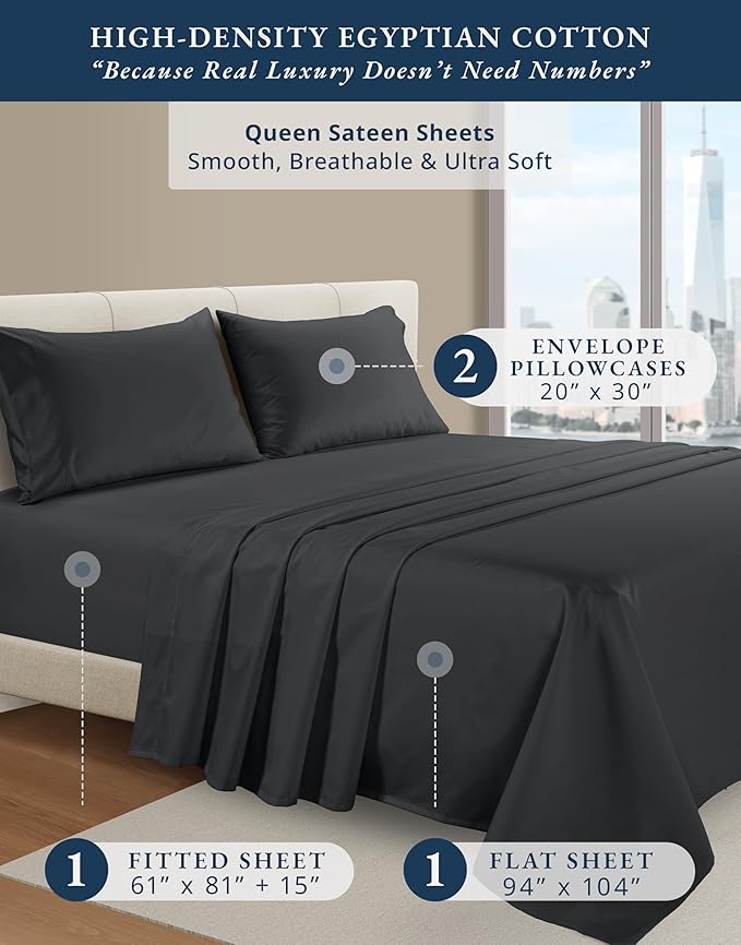 LANE LINEN 100% Egyptian Cotton Queen Sheets, Long Staple Mercerized Cotton No Pill Fade Resistant Silky Sateen Weave for Soft & Comfy Good Night Sleep, Deep Pocket Fits 15" Mattress - Moonless Night