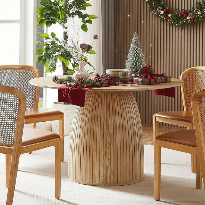 47.24" Round Dining Table for 4 6 People, Modern Farmhouse Wood Dining Room Table with Circle Table Top & Fluted Circular Drum Pedestal Base for Kitchen, Restaurant, Café, Oak