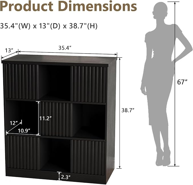 Einhomn Cube Storage Organizer with Sliding Doors, Wooden Bookshelf Storage Cabinet, 9 Cube Bookcase Organizer for Living Room Bedroom Office, Black