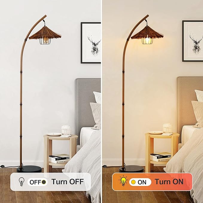 beaysyty Bamboo Floor lamp Mid Century Rattan Retro Floor lamp Bohemian,Arc Floor Lamps for Living Room Tall Reading Lamps Antique Rattan Style for Bedroom Dining Room Farmhouse Study (Brown)