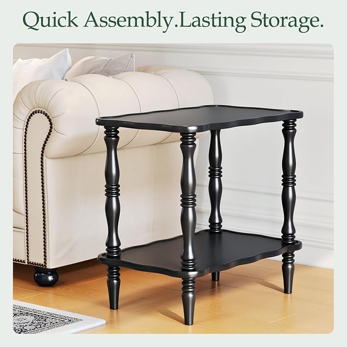 Solid Wood End Table Living Room - 23.6" H Small Narrow Rectangle Wooden End Table for Small Spaces, Dark Real Black Solid Wood Vintage Antique Side Bedside Table Nightstand with 2-Tier Storage