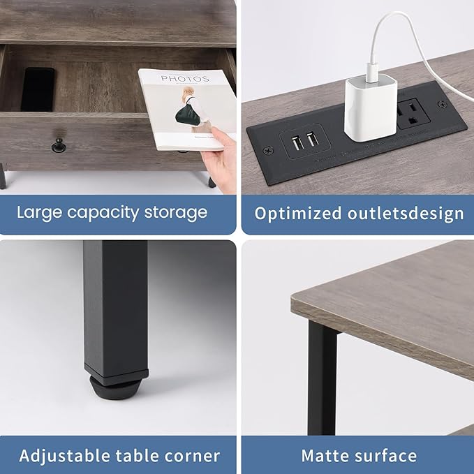 3 Wooden Drawers Nightstand, 27 Inch Wide Night Stand Set 2 with Charging Station and Adjustable Drawers, Small Dresser for Closet, Bedside Table for Living Room/Bedroom/Office, Gray.