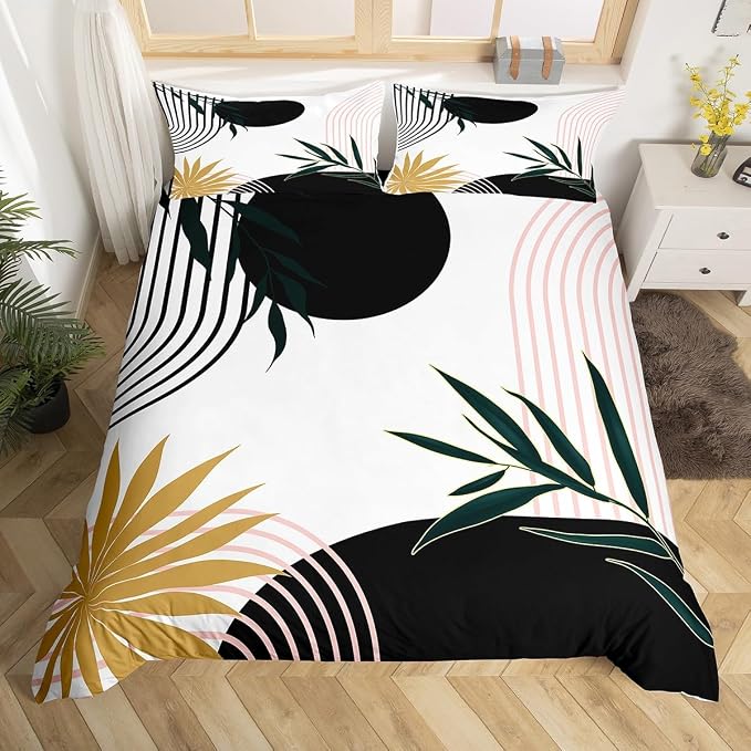 Erosebridal Black Pink Bohemian Comforter Cover King for Kids Teens Adults,Abstract Geometric Duvet Cover,Minimalist Aesthetic Bedding Set,Retro Mid Century Bed Set 3 Pcs Bedroom Decor