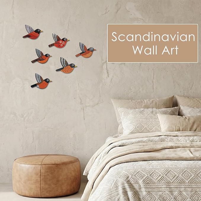 ARTINRENAISS Wooden Flying Birds Wall Decor, Scandinavian Rustic Wall Art Set Housewarming Gifts, 6 Pack Boho Birds Hanging Sign for Living Room, Bedroom, Kitchen