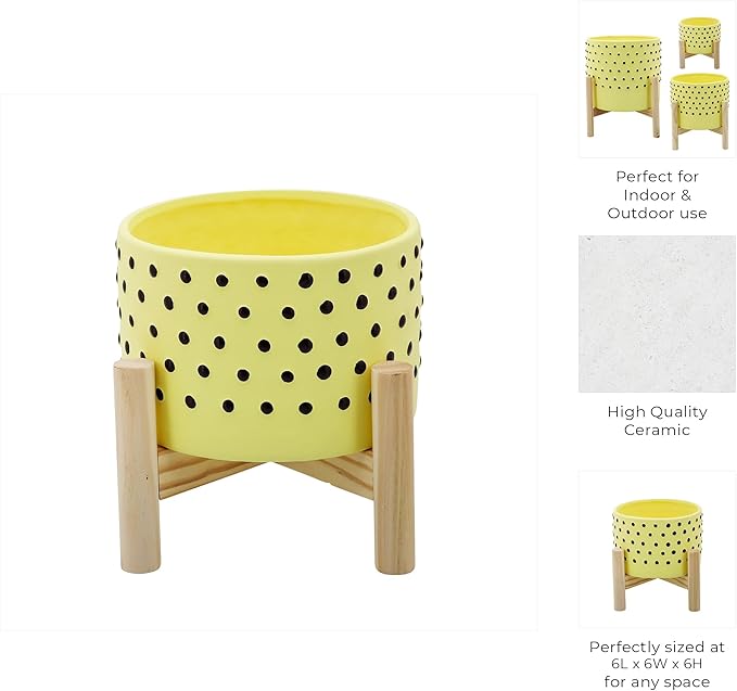 Ceramic Planter Pot with Wooden Stand – Indoor Outdoor Plant Holder with Black Polka-Dot Pattern, Decorative Pot Stand for Living Room, Entryway, Bedroom, Patio or Garden Décor – 6", Yellow