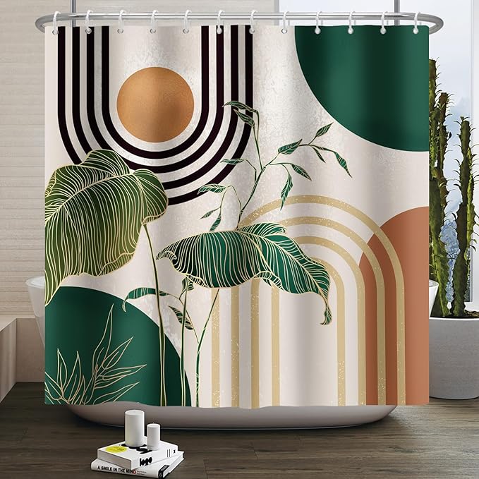 Boho Green Geometric Shower Curtain Bohemian Abstract Mid Century Tropical Bathroom Curtain Minimalist Modern Palm Leaf Shower Curtain Sets for Bathroom Extra Long 72x78 in with 12 Hooks