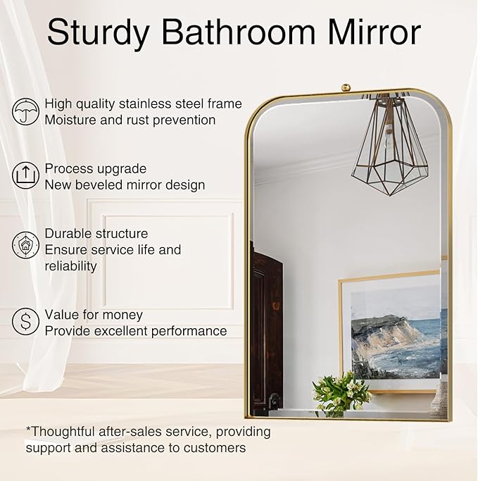 POZINO Brushed Gold Arched Mirror, 22"x35" Brass Vanity Oblong Mirror for Over Sink, Stainless Steel Frame Rounded Rectangle Mirrors for Bathroom Bedroom Living Room Entryway Hallway
