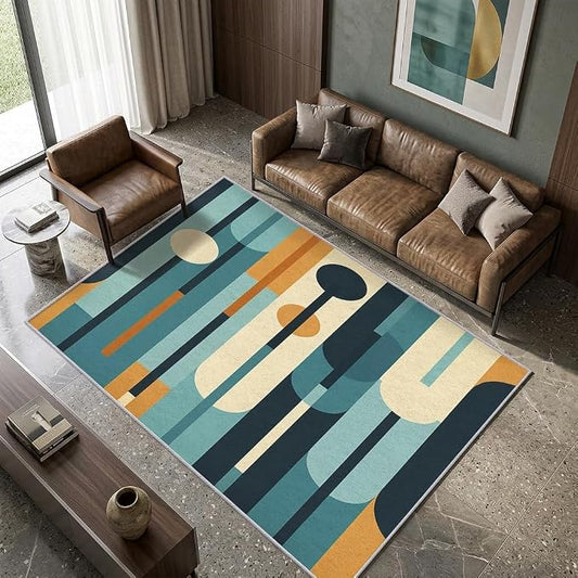 Mid Century Rug 7x9, Washable Modern Geometric Rugs for Living Room Bedroom, Abstract Mid-Century Area Rug for Home Decor, Non Slip Backing Floor Carpet - 7 x 9 ft