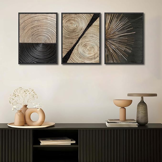 3Pcs Retro Wood grain Abstract Canvas Wall Art Minimalist Black Golden Line Texture Wall Decor Pictures Neutral Geometric Beige Brown Poster Prints for Living Room Bedroom Home Decoration 12x16in