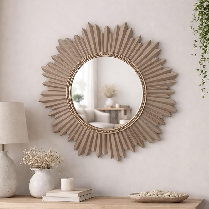 Armanda Collection Sunburst Round Wall Mirror Handmade Resin Frame Decorative Home Accent (Mink) 47x47 cm