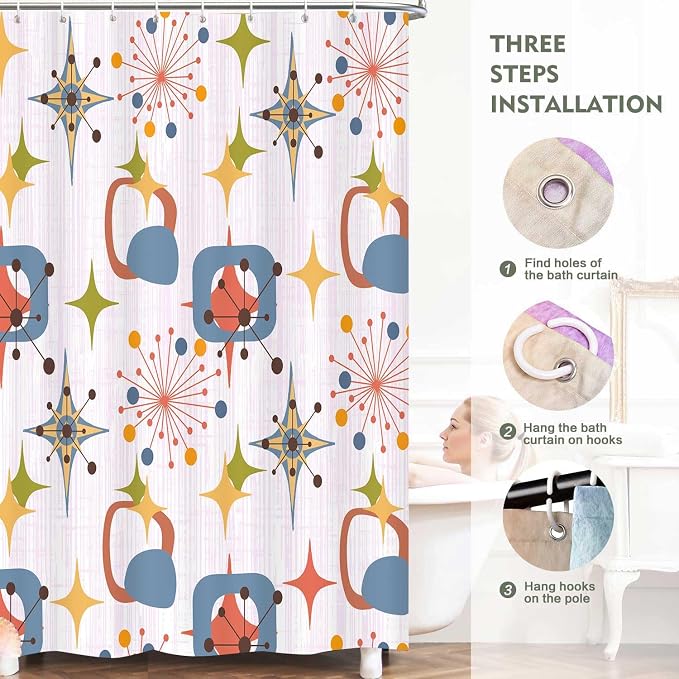 Mid Century Shower Curtain, 72x84inch, Modern Abstract Retro Pink Striped Geometric Shower Curtain Sets 1950s Boho Bathroom Shower Curtain with 12 Hooks