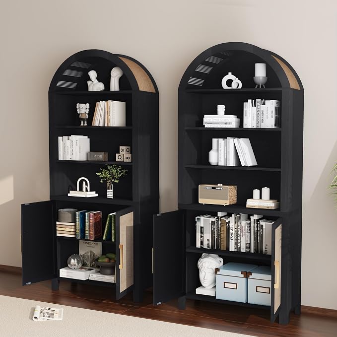 Janmer Home 71" Tall Arched Bookcase with Storage, Modern 6-Tier Arch Cabinet with Door, Arched Bookshelf Cabinet with Open Display Storage Shelf for Living Room (Black,)