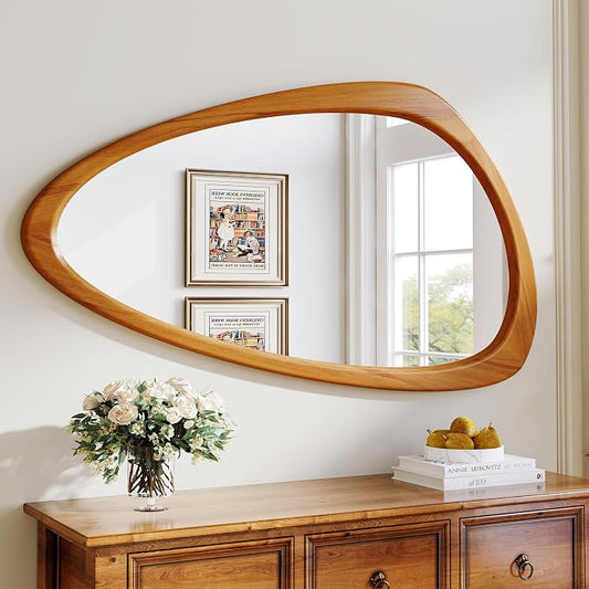 Mid Century Modern Mirror, 28x48 Inch Irregular Wall Mirror, Asymmetrical Wall Mirrors with Pine Wooden Frame for Living Room Bedroom Bathroom Entryway Hangs Horizontally or Vertically