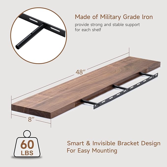 Axeman Walnut Floating Shelves for Wall 48 Inch - USA-Sourced Walnut Wood Shelves Set of 1 - Natural Wooden Shelves for Room Wall Decor