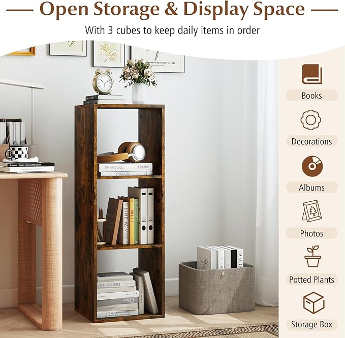 Tangkula 3-Cube Bookcase, 4-Tier Bookshelf with Open Compartments, Freestanding Cube Storage Organizer with Anti-Toppling Kits, Modern Display Shelf for Living Room, Study (2, Rustic Brown, 3-Cube)