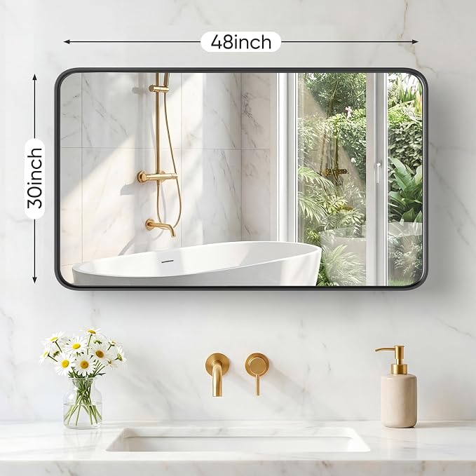 NEWBULIG 30X48 Inch Bathroom Mirror for Over Sink, Wall Vanity Mirrors Tempered Glass, Anti-Rust Metal Framed Rounded Rectangle, Hangs Horizontally or Vertically, Farmhouse Home Decor, Black