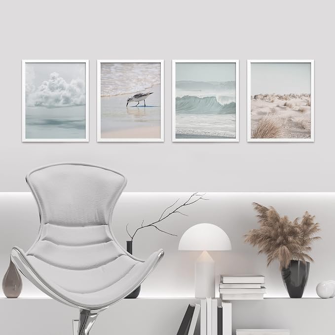 SIGNWIN Framed White Nautical Ocean Sea Beach Grass Seagull Wall Art, Set of 4 Landscape Colorful Wall Decor Prints, Nature Wilderness Wall Décor for Living Room, Bedroom - 12"x16" White