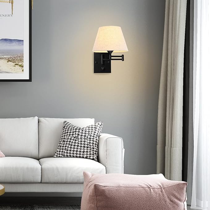Pauwer Plug in Wall Sconce Set of 2 Swing Arm Wall Lamp with Plug in Cord and Fabric Shade Wall Light Fixtures for Hallway Bedroom Living Room (Beige Shade)