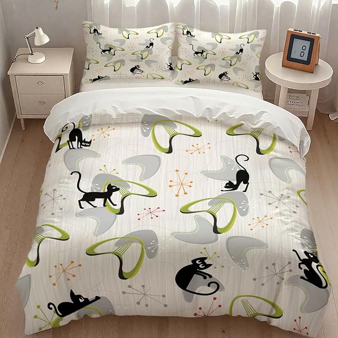 Mid Century Bedding Set,Retro Black Cat Atomic Diamond Star 1950s 1960s Abstract Geometric Minimalist Simple Modern Comforter Set with Pillowcase for Bedroom Bed Decor,Queen 90"x90"