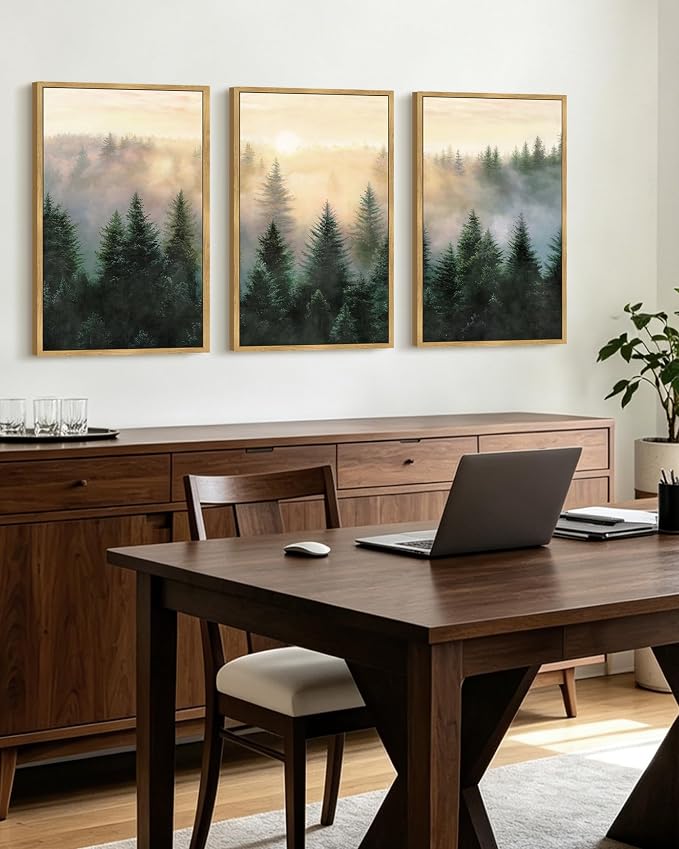 KUVIOKE Sun Dawn Fog Pine Tree Framed Wall Art Morden Nature Nordic Forests Artwork Bedroom Decor 16x24in (Natural Framed)
