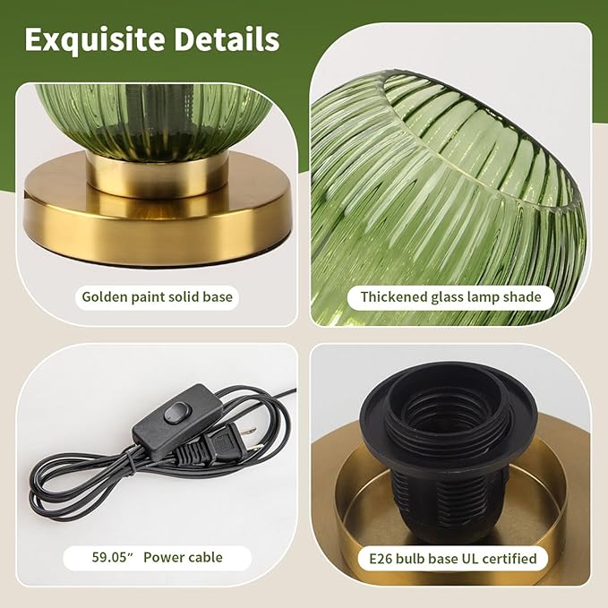 Glass Table Lamp of 2 Mid Century Table Lamps Modern Globe Table lamp Vintage Gold Desk Lamp Nightstand Lamp with Green Ribbed Design Shade for Bedside Bedroom Living Room Offic