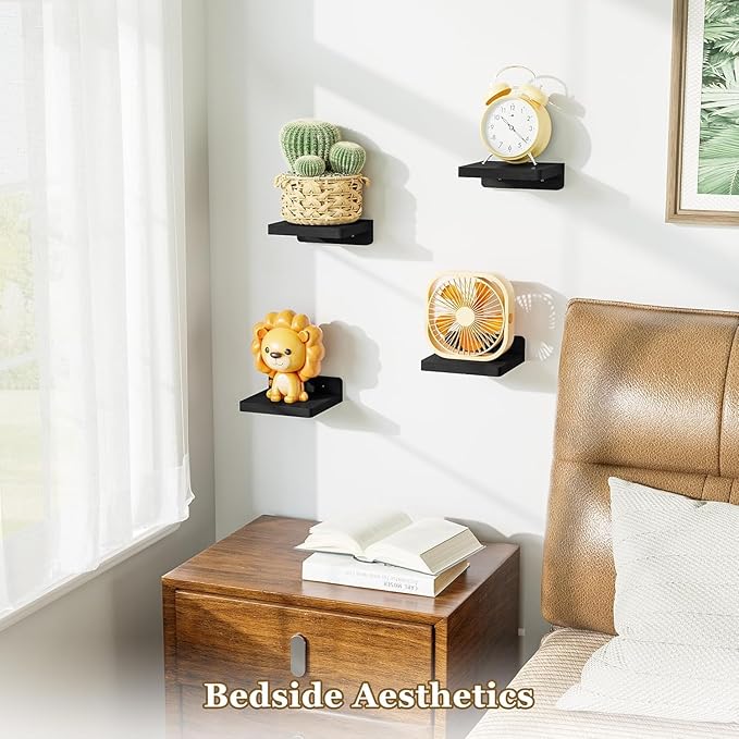 SRIWATANA Small Floating Shelves Wall Mounted, Wood Shelf for Decoration and Storage Set of 4, Mini Display Shelf for Bedroom, Bathroom, Kitchen, Office (Black, 5 inch)