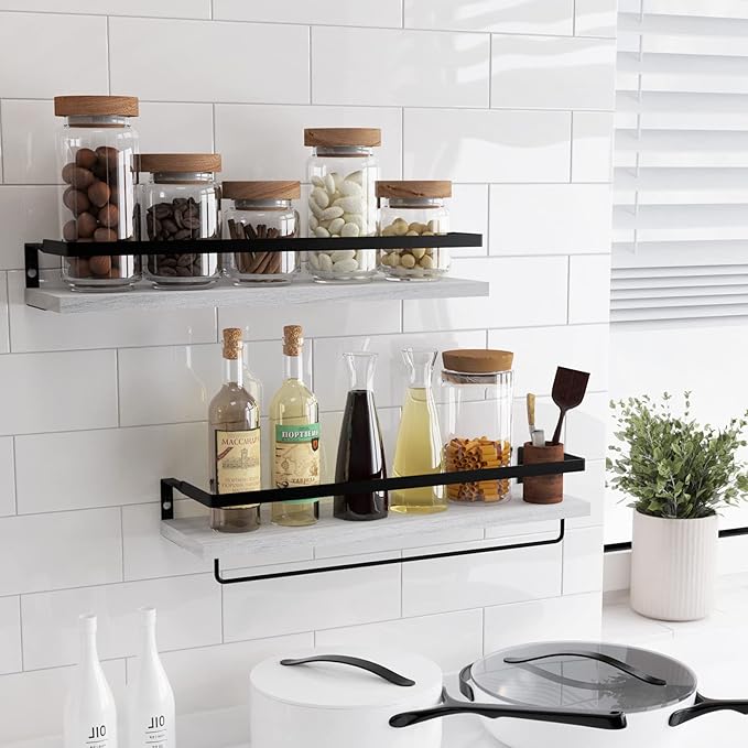 Floating Shelves for Wall, Bathroom Shelves with Towel Bar, Wall Mounted Storage Shelves for Kitchen, Bathroom, Set of 2 White