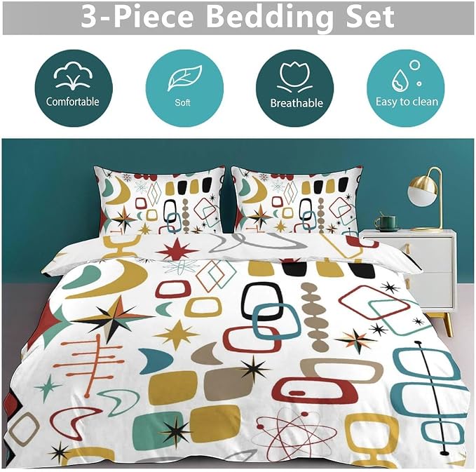 Mid Century Modern Bedding Set,Retro Geometric Colorful Diamond Abstract Geometric Vintage 60s 70s Pattern Comforter Set with Pillowcase for Bedroom Bed Decor，Twin 86"x70"