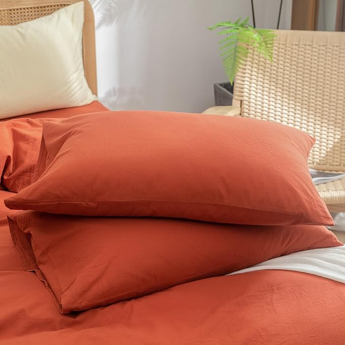 BESTOUCH Duvet Cover Set 100% Washed Cotton Linen Feel Super Soft Comfortable Chic Lightweight 3 PCs Home Bedding Set Solid Burnt Brick Red King
