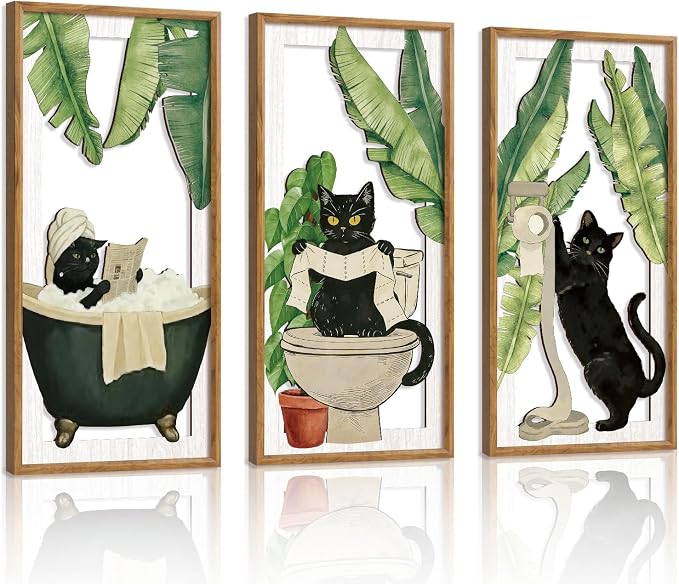 HPNIUB 3PCS Funny Bathrooms Wall Decor, Whimsical Black Cat Wood Sign, 8x16Inch Vintage Cat Toilet Wooden Hanging Sign Botanical Wall Art for Powder Room Restroom Decoration, Lovely Cat Gifts