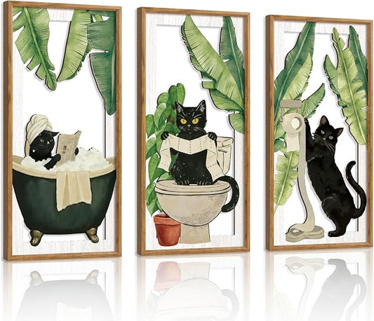 HPNIUB 3PCS Funny Bathrooms Wall Decor, Whimsical Black Cat Wood Sign, 8x16Inch Vintage Cat Toilet Wooden Hanging Sign Botanical Wall Art for Powder Room Restroom Decoration, Lovely Cat Gifts
