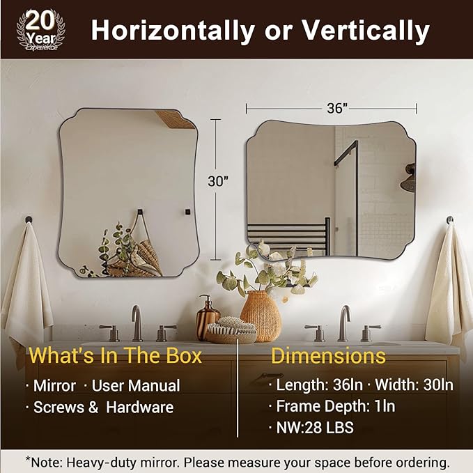 ANDY STAR Matte Black Mirror 30x36 Inch, Scalloped Wall Mirror, Unique Rectangular Bathroom Mirror in Premium Stainless Steel Metal Frame 1’’ Deep, Hangs Vertically/Horizontally