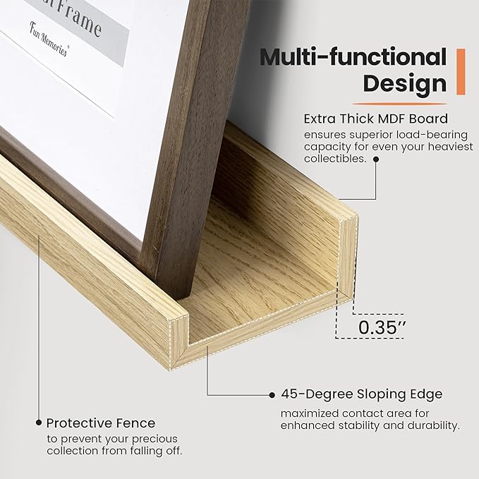 Fun Memories Picture Ledge Shelf, 24 Inch Long Floating Shelves Set of 6, Picture Shelf for Wall with Lip, Large Nursery Book Shelves for Storage, Wall Shelves for Living Room Bedroom Kitchen, Oak