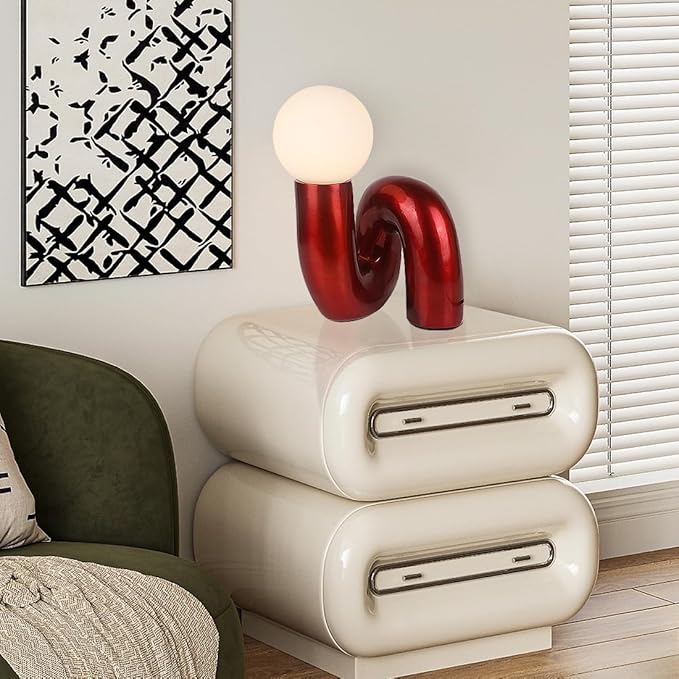 Bauhaus Red Table Lamp Modern Globe Glass Table Light with Glass Shade Resin Aesthetics Light Fixtures for Bedside Bedroom Living Room Kid’s Room Corner Office Cafe
