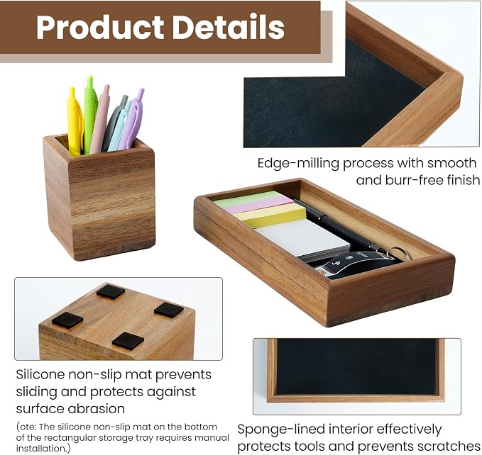 Wooden Pencil Holder with Desk Drawer Organizer Tray, Silicone Anti-Slip Pen Holder Set Aesthetic Desk Accessories for Office Home Supplies