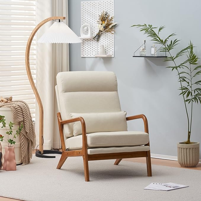 Karl home Accent Chair Mid-Century Modern Chair with Pillow High Back Line Fabric Upholstered Lounge Arm Chair with Solid Wood Frame & Soft Cushion for Living Room, Bedroom, Balcony, Beige