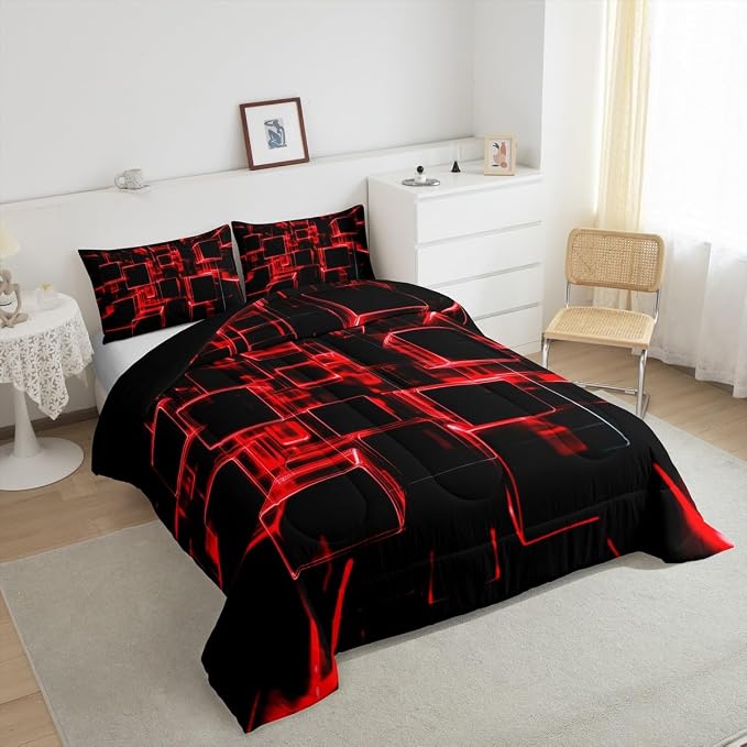Erosebridal Fire Red and Black Kids Comforter Set Twin, Modern Geometric Square Bedding for Boys Girls Gradient Neon Light Honeycomb Duvet Set Soft Microfiber Quilt with 1 Pillowcase