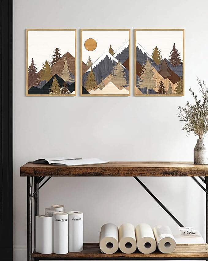 KUVIOKE Morden Boho Mountains Framed Canvas Wall Art Pine Tree Forest Nature Landscape Artwork Painting Bohemain Farmhouse Rustic Room Decor for Bedroom Living Room 12x16in (Natural Framed)