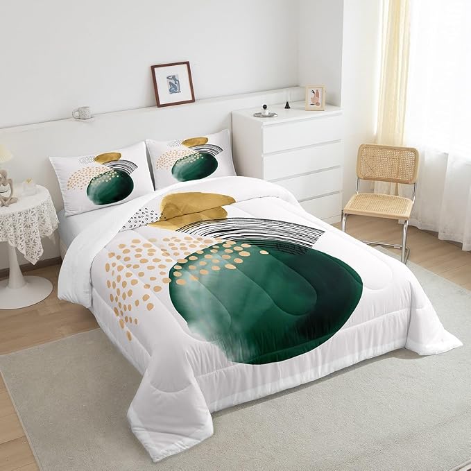 Abstract Artwork Comforter Set King Geometric Circle Bedding Set, Aesthetic Minimalist Bedding Comforter Sets Blackish Green Turqoise Duvet Sets, Beige White Quilted Comforter Cozy Soft 3pcs