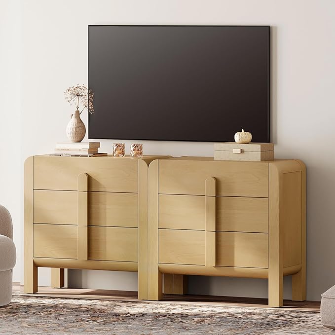 WAMPAT Large Sideboard Buffet Cabinet with Storage with 6 Drawers, Modern French 63" W Buffet Cabinet with Storage, Wood Coffee Bar Cabinets with Curved Edge Design for Kitchen Living Room, Oak
