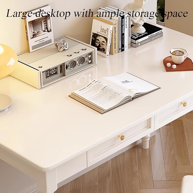 Mid Century Modern Desk, Rubber Wood Desks with Drawers, Solid Wood Computer Workstation with Carved Legs, Simple Style Writing Table (Gray, 39.4 * 23.6 * 29.5in)