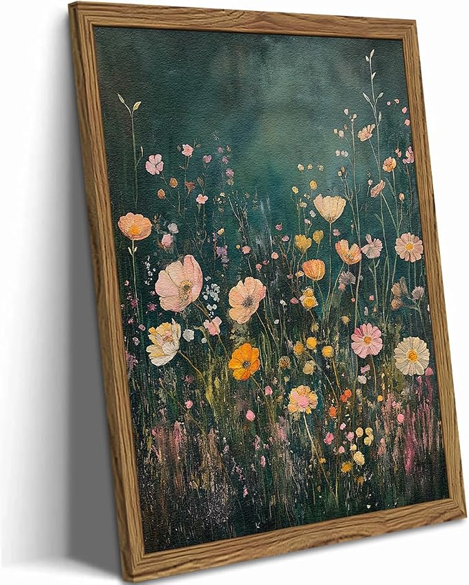 Dark Wildflower Wall Art Vintage Moody Flower Botanical Wall Decor Painting Cottagecore Floral Plant Artwork 3D Textured Sandstone for Living Room Bedroom 12x16 inch Wood Framed