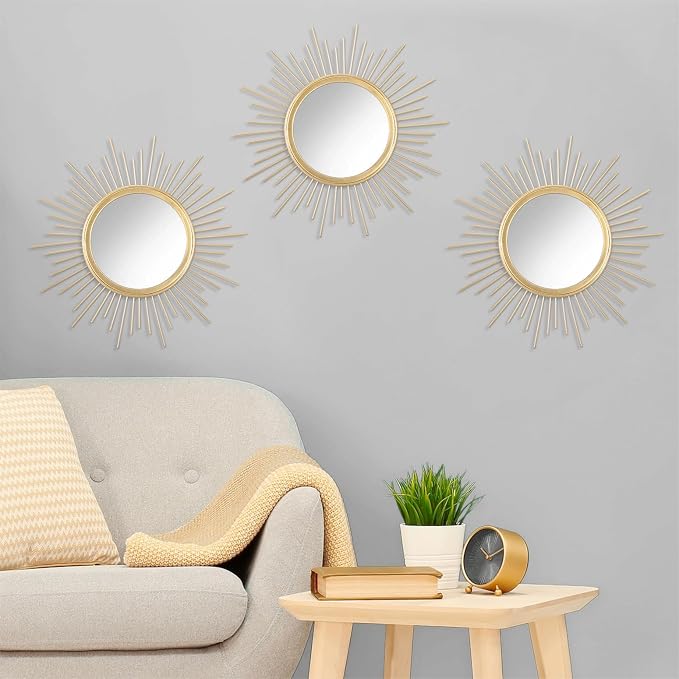 3 Pack Metal Mirrors for Wall Gold Sunburst Wall Mirrors Home Décor Art Decorative Modern Bohemian Hanging Wall Art for Living Room Bedroom Bathroom Entryway Small 12''